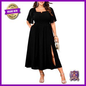 Plus Size Maxi Dress Short Sleeve Square Neck Smocked A-Line Pockets